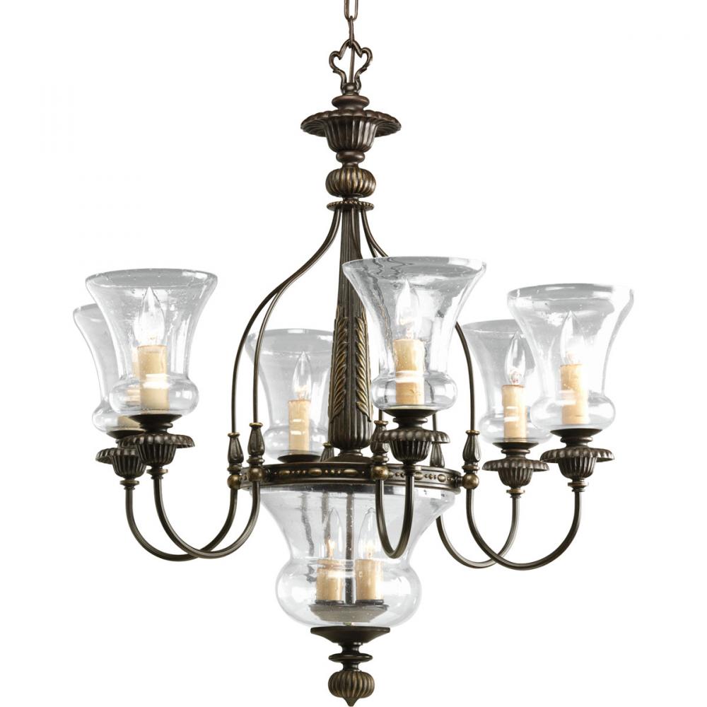 PRO P4410-77 6+2X60C Fiorentino Forged Bronze Chandelier with Clear Seeded Glass