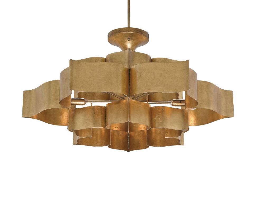 CRR 9494 Grand Lotus 6Lt Antique Gold Leaf Chandelier 30